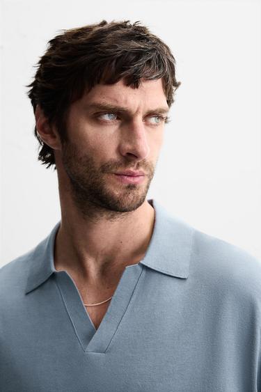 COTTON BLEND KNIT POLO SHIRT - Light blue by Zara - Image 4