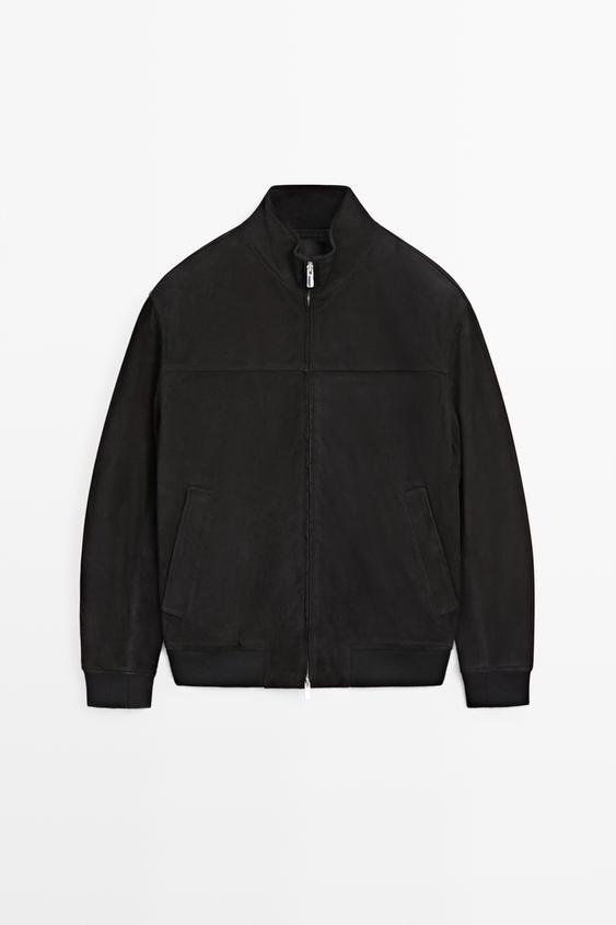 Blouson bomber en cuir effet daim - Bleu marine de Zara - Image 0