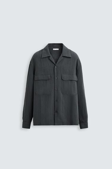 Zara STRIPED FLOWY SHIRT - Anthracite grey