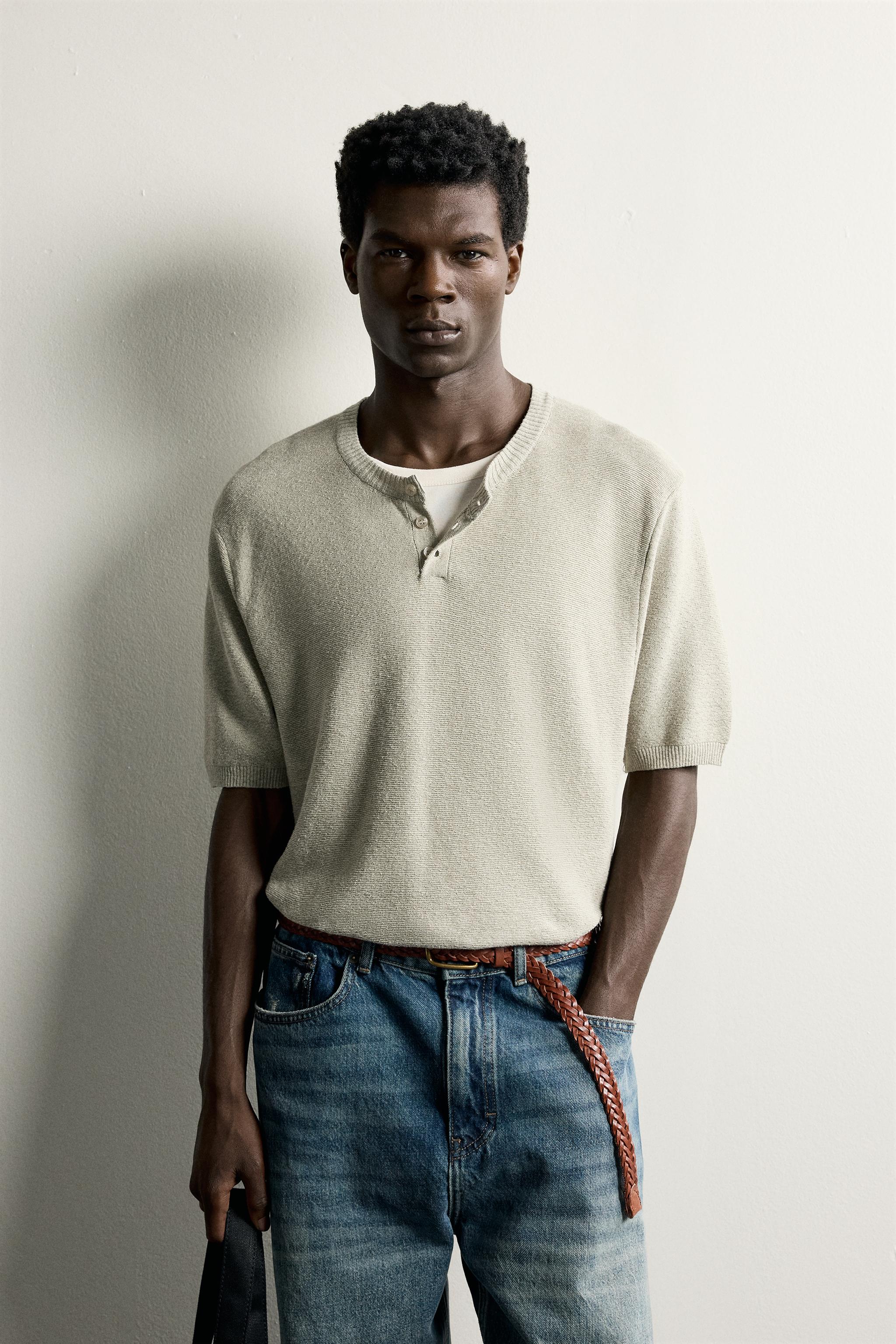 KNIT HENLEY T-SHIRT — Sand