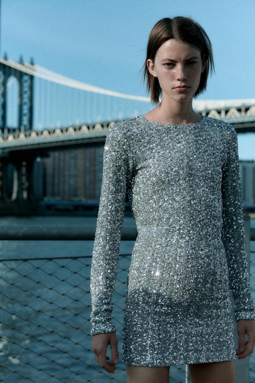 スパンコールミニワンピース - シルバー | ZARA Japan / 日本 