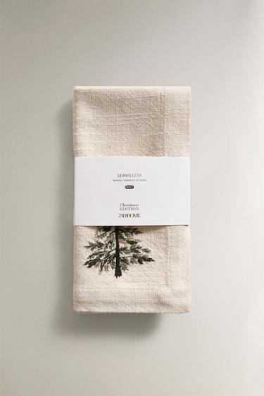 PACK OF EMBROIDERED COTTON CHRISTMAS PINE TREE NAPKINS (PACK OF 2) - Ecru by Zara - Image 4
