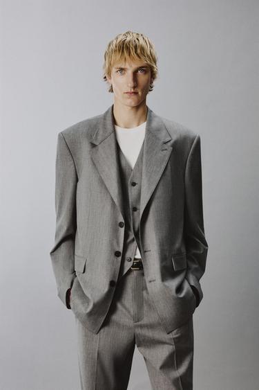 Zara LIMITED EDITION STRIPED STRUCTURE SUIT BLAZER - Gray