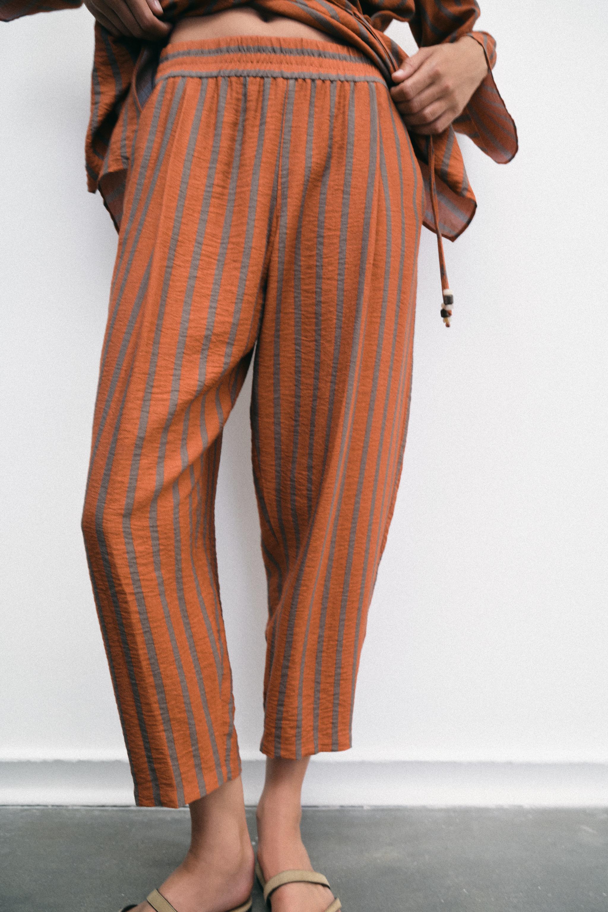 ELASTIC WAIST STRIPED PANTS — Burnt orange