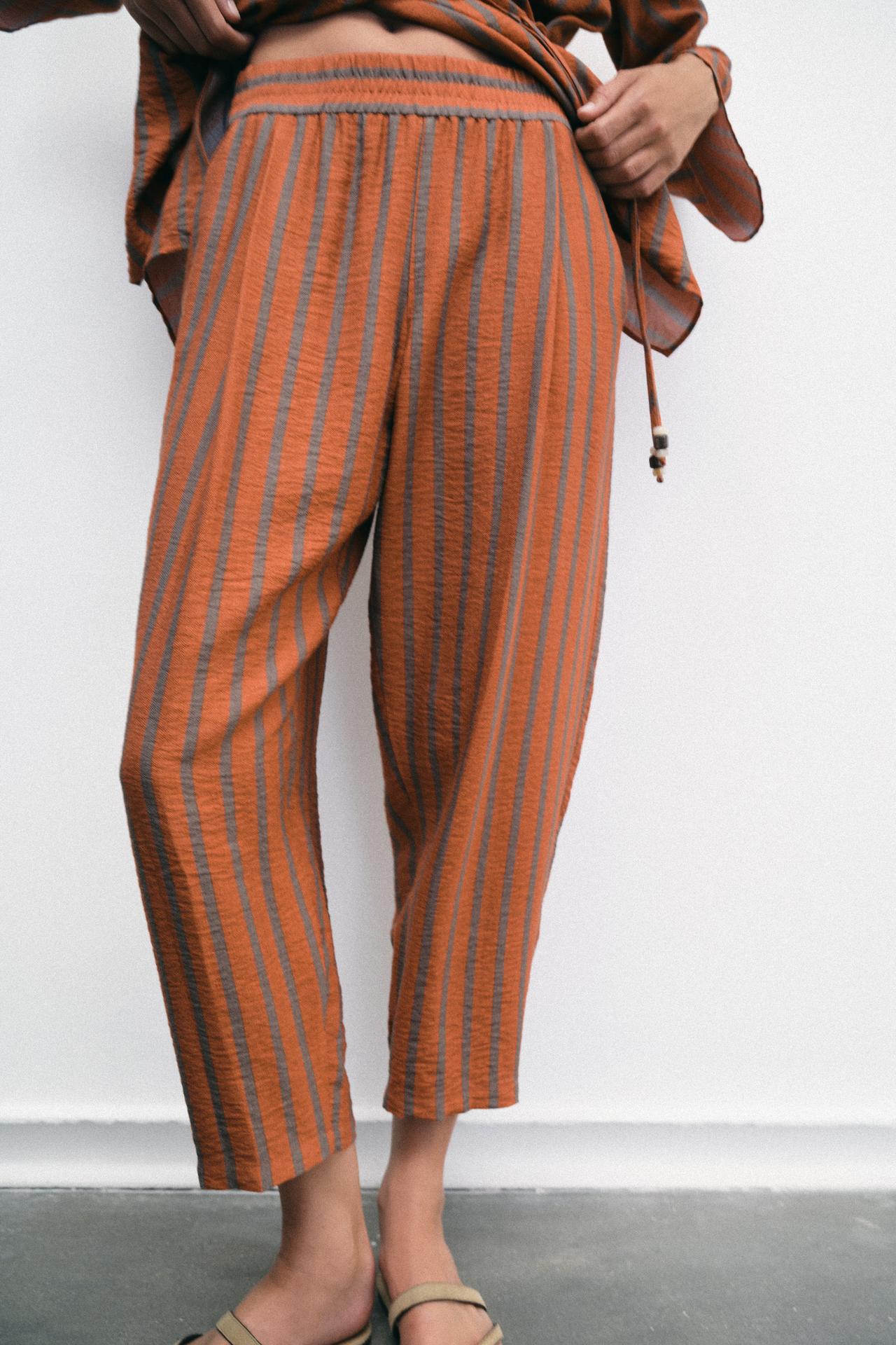 ELASTIC WAIST STRIPED PANTS — Burnt orange