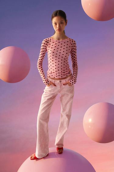 Zara TRF 低腰寬管波點牛仔褲 - 一種顏色