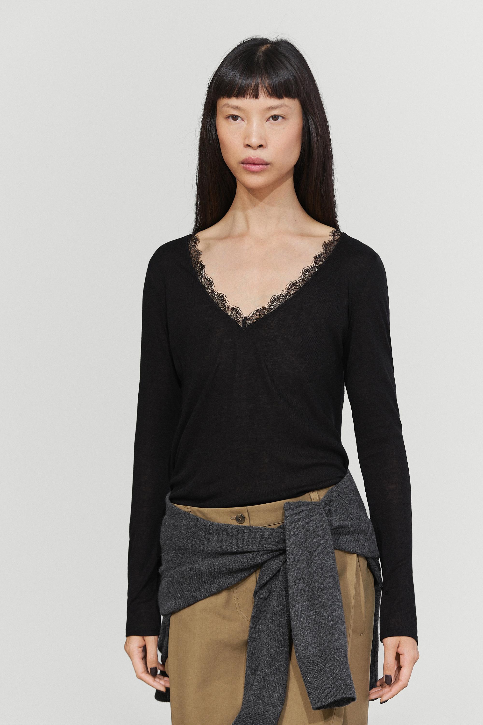 Long sleeve T-shirt with lingerie-inspired detail
