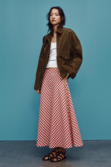 GINGHAM CHECK MIDI SKIRT - White / Red by Zara - Image 0