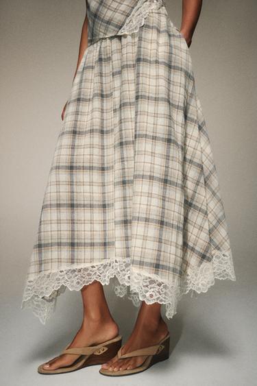 Zara PLAID LACE SKIRT - Ecru / Brown