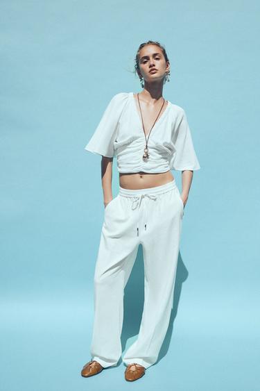 LINEN BLEND STRAIGHT TROUSERS - Oyster-white by Zara - Image 0