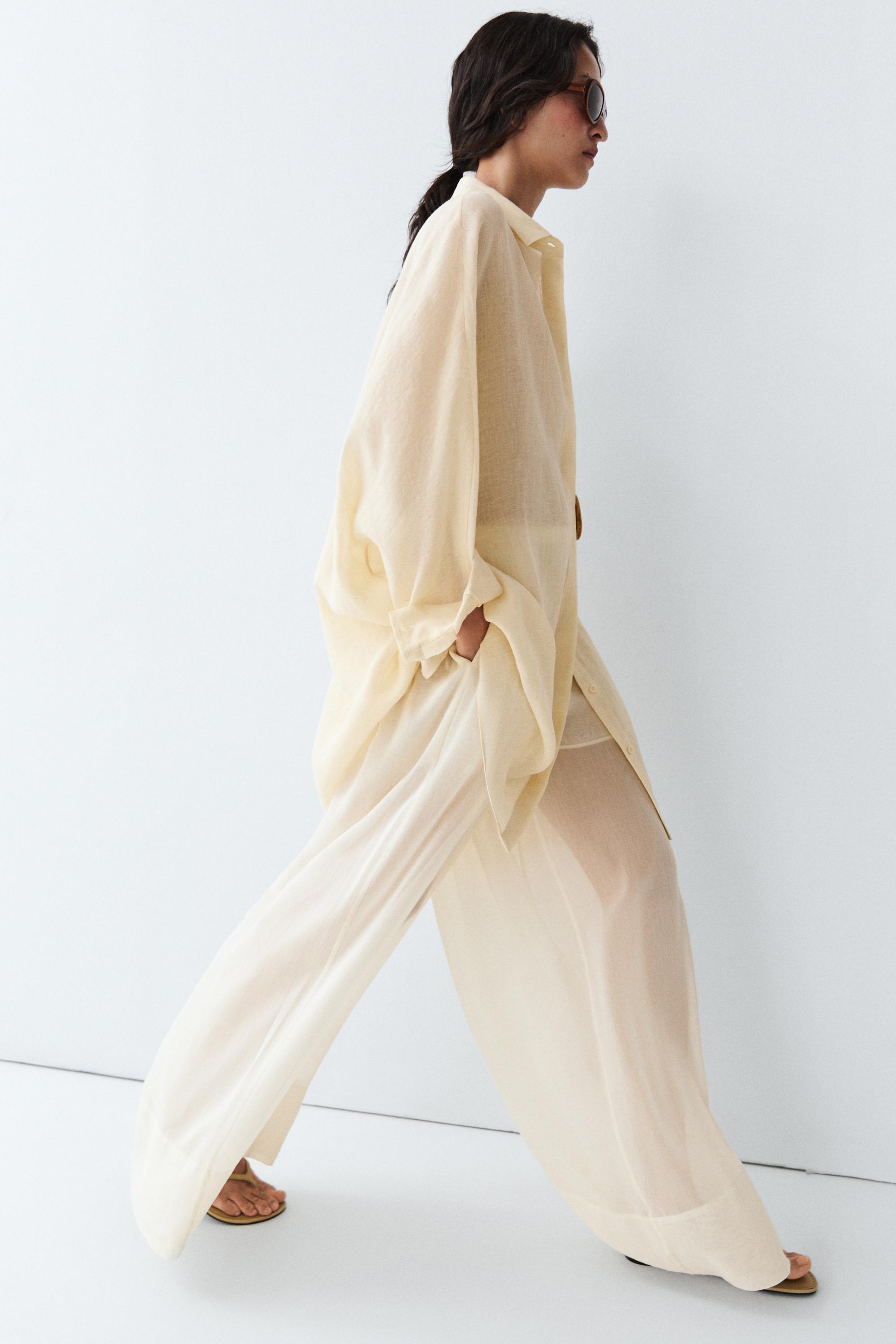 100% linen short shirt dress — Light yellow