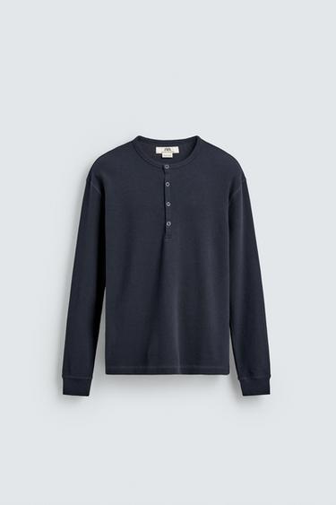 LIMITED EDITION HENLEY WAFFLE-KNIT T-SHIRT - Mid-blue by Zara