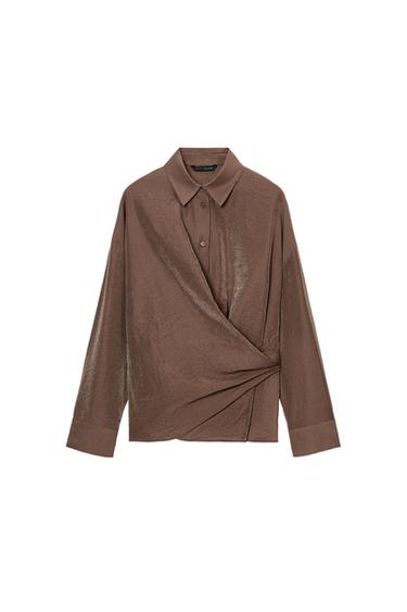 STRIPED SURPLICE SHIRT - Brown / Ecru by Zara
