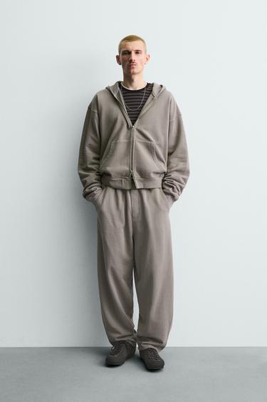 Zara WASHED ZIP HOODIE SWEATSHIRT - Light gray