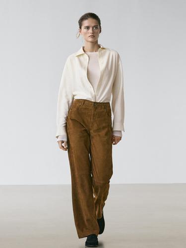 Pantalón recto piel ante - Marrón de Zara
