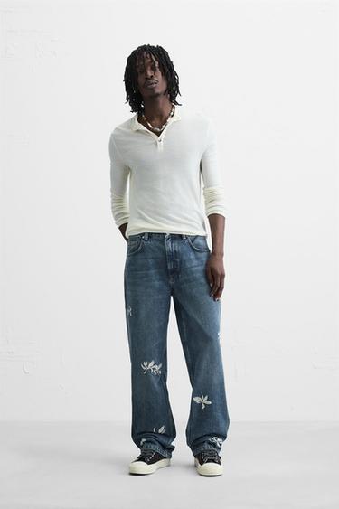 EMBROIDERED RELAXED FIT JEANS - Mid-blue by Zara
