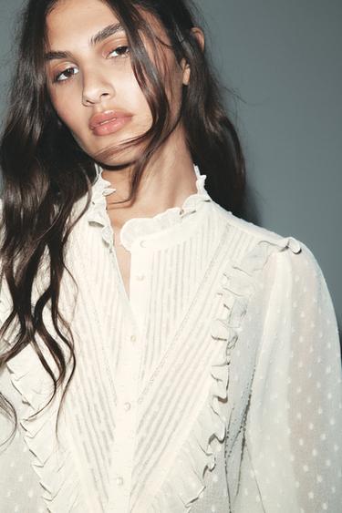 DOTTED MESH RUFFLED SHIRT - Ecru by Zara