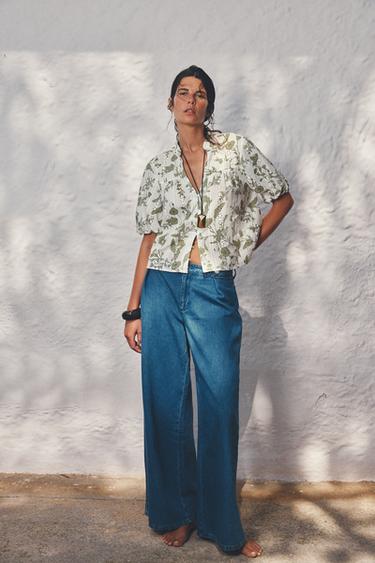 Zara PRINTED TOP WITH EMBROIDERED EYELETS - Ecru / Khaki