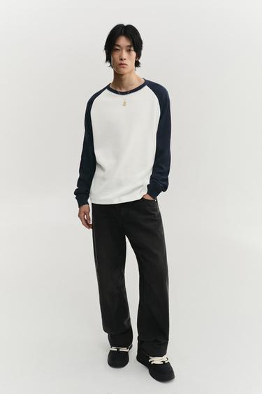 Zara 撞色細格紋理 T 恤 - 海藍色 / 白色