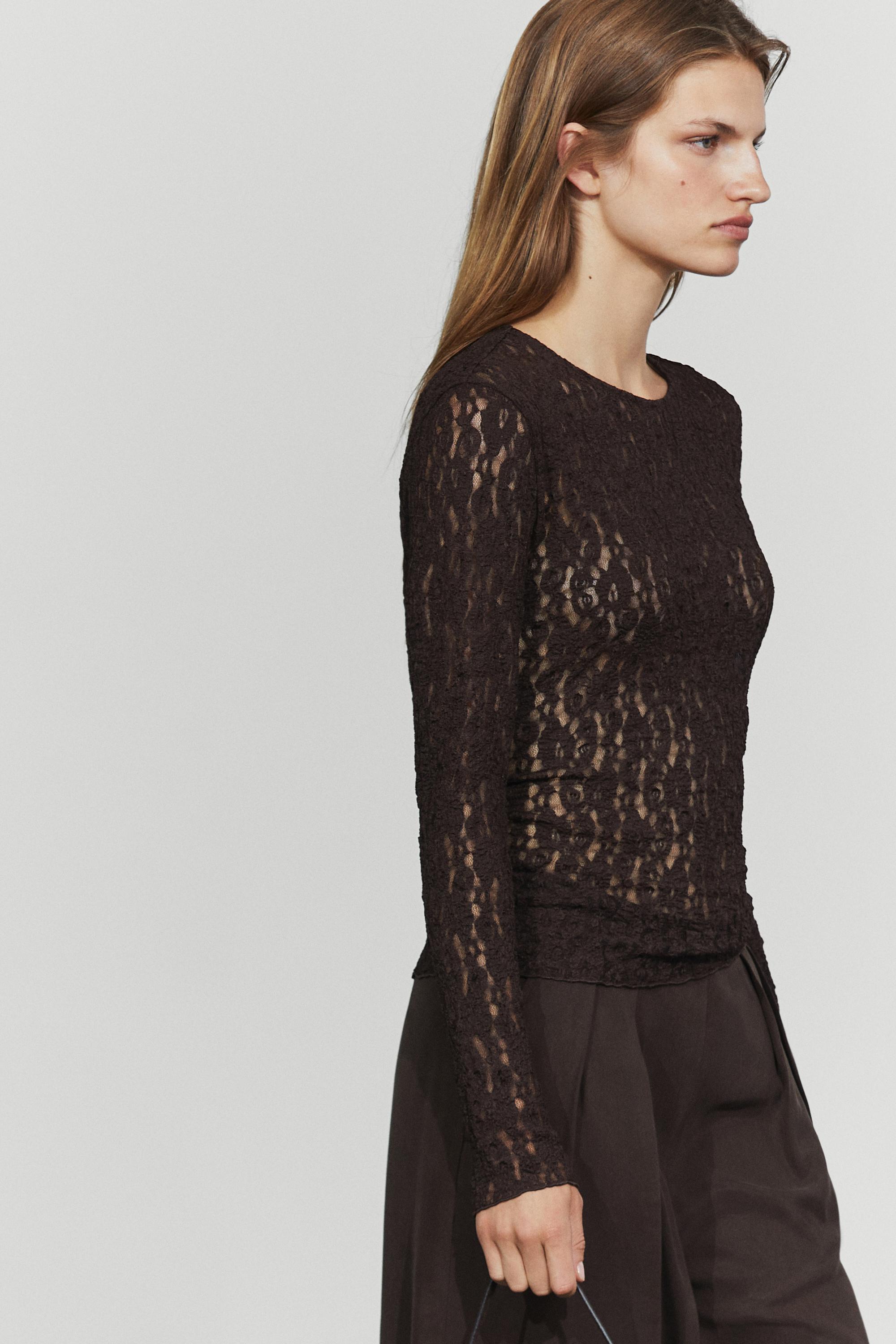 Long sleeve lace detail T-shirt — Brown