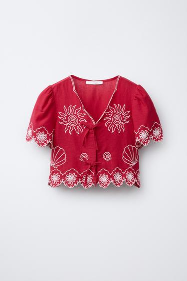 TOP WITH EMBROIDERED DETAILS - Red by Zara - Image 0