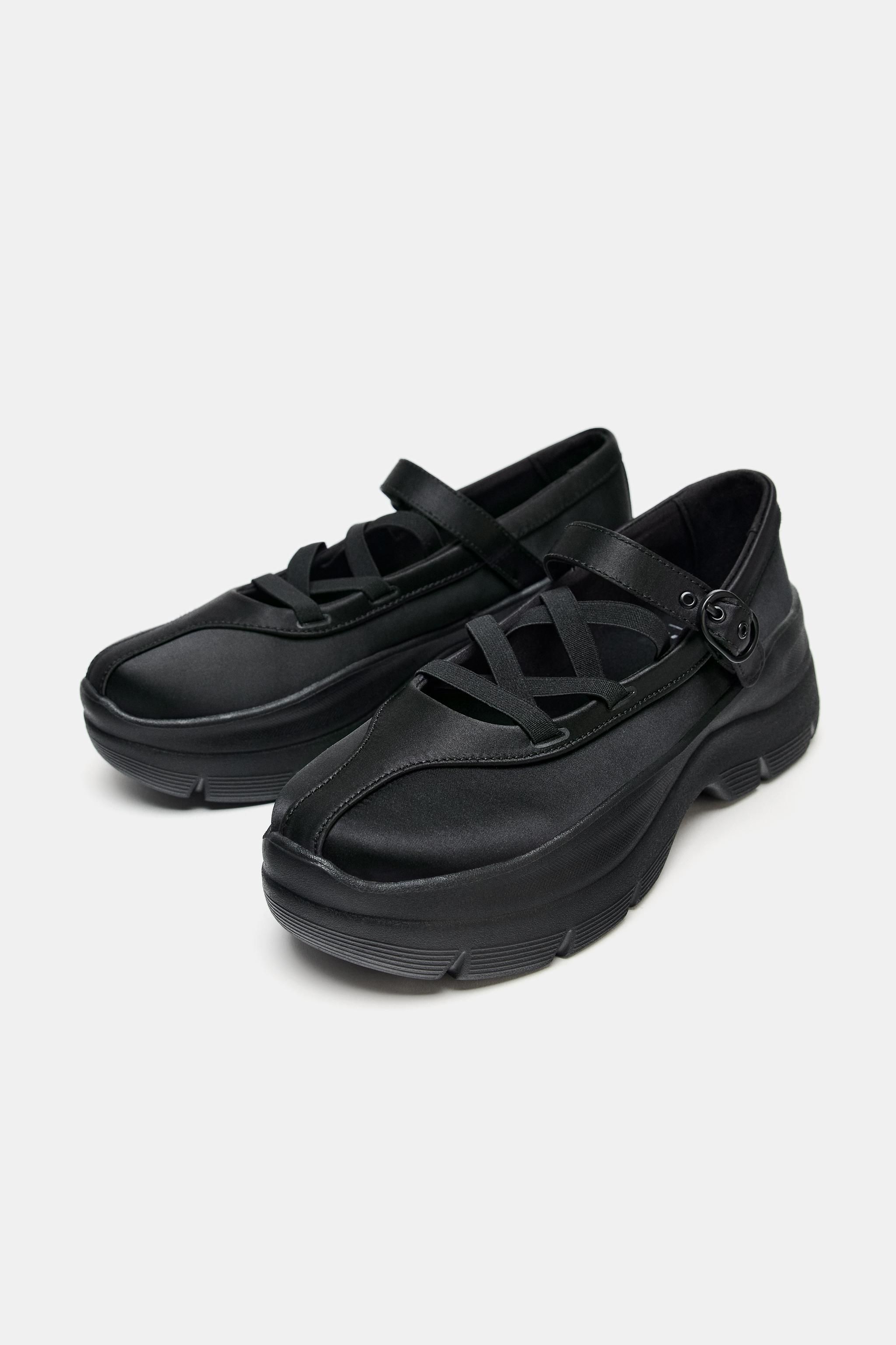 サテン風ストラップ付きバレリーナシューズ - ブラック | ZARA