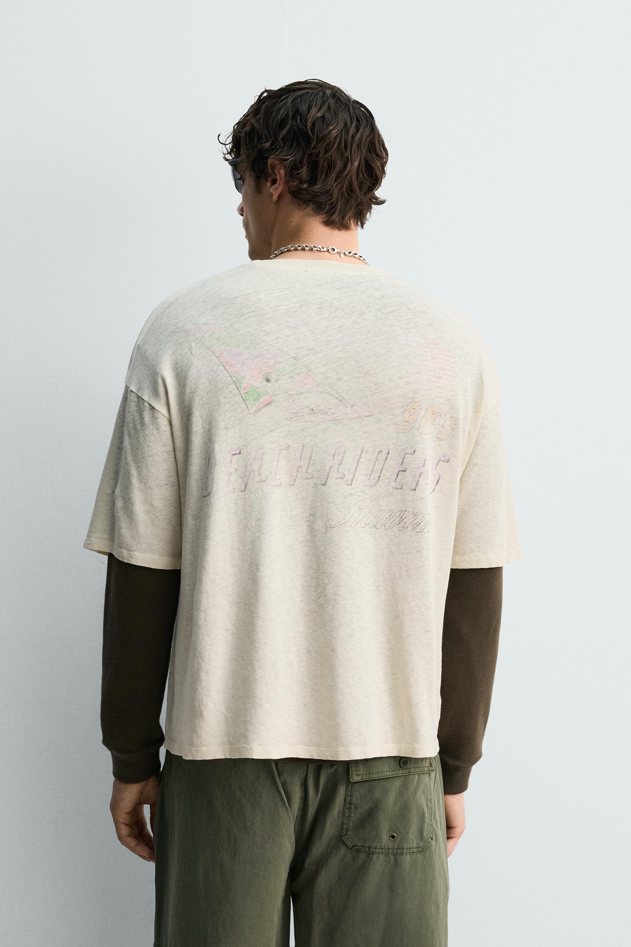 Zara HAWAII YIKAMALI KETEN PAMUKLU T-SHIRT görsel 3