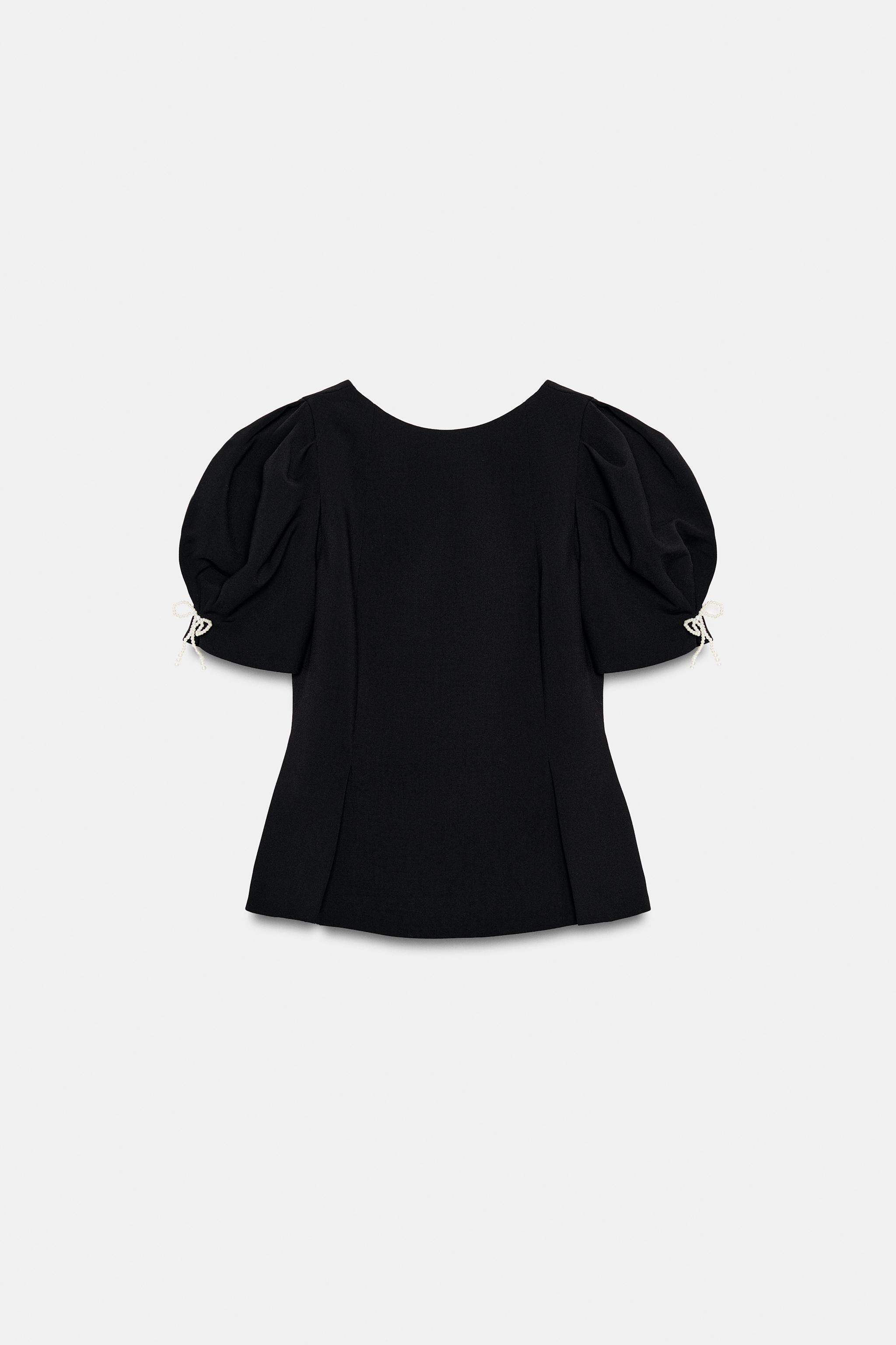PEARL BOW BALLOON SLEEVE TOP - Black | ZARA United States