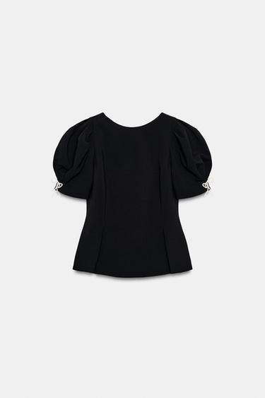 Zara PEARL BOW BALLOON SLEEVE TOP - Black
