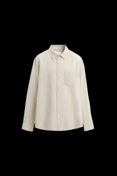 Zara LINEN-COTTON STRIPED PATCHWORK SHIRT - Sand