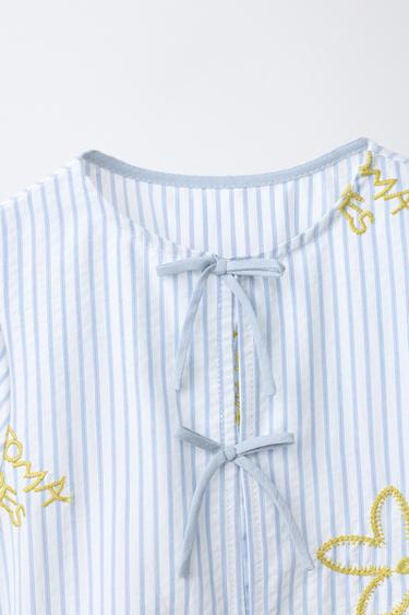 STRIPED BLOUSE WITH EMBROIDERED DETAIL - White / Navy by Zara - Image 2