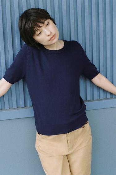 BASIC PLAIN KNIT SHORT SLEEVE TOP - Ink blue by Zara