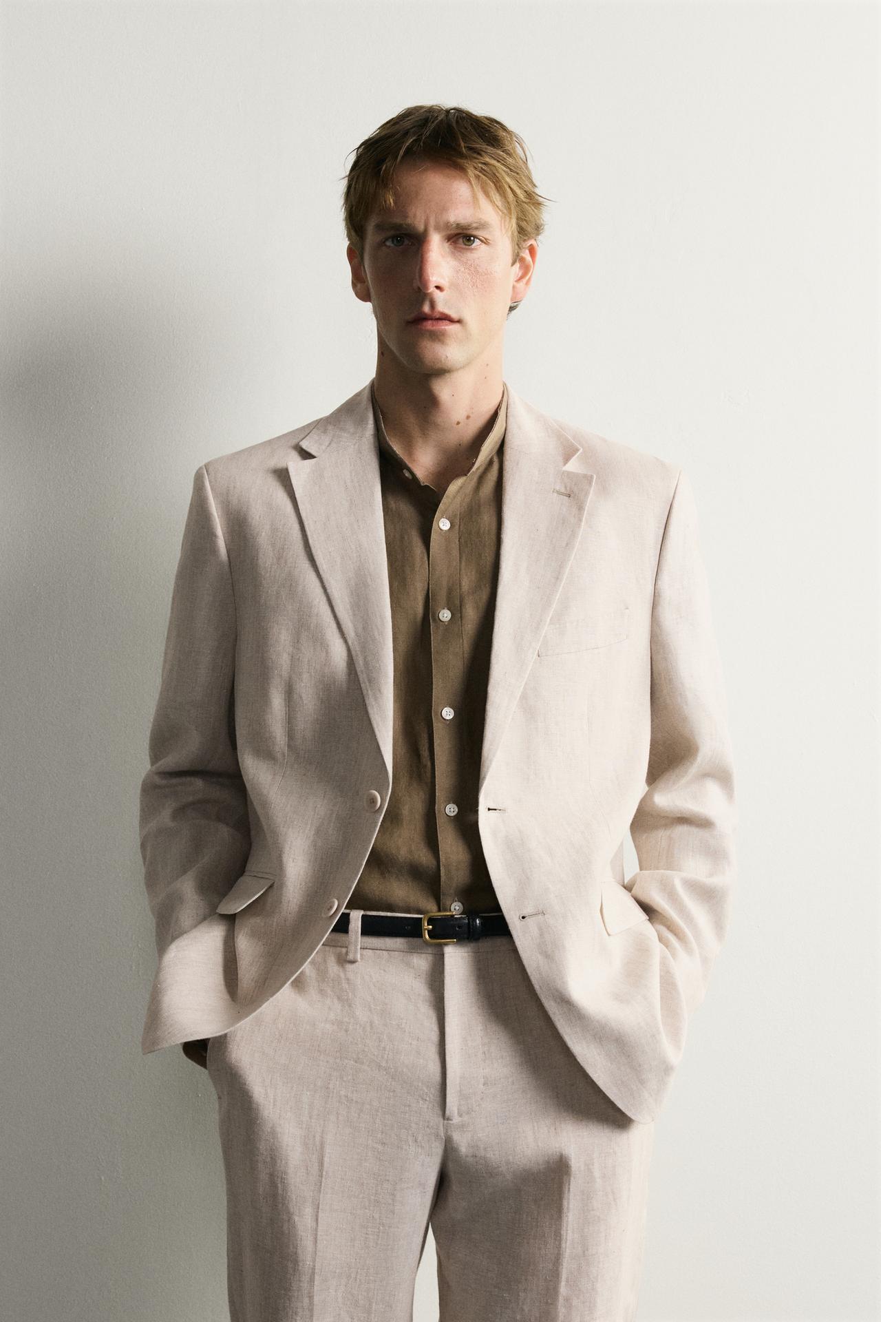 100% LINEN SUIT JACKET — Light beige