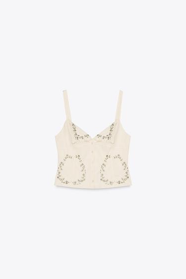 EMBROIDERED POPLIN TOP - Beige by Zara - Image 4