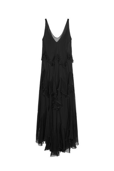 Front view of a black dress with frills and a V-neck.