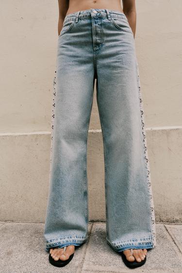 Z1975 WIDE-LEG HIGH-WAIST JEANS WITH CROCHET TRIM - Mid-blue by Zara