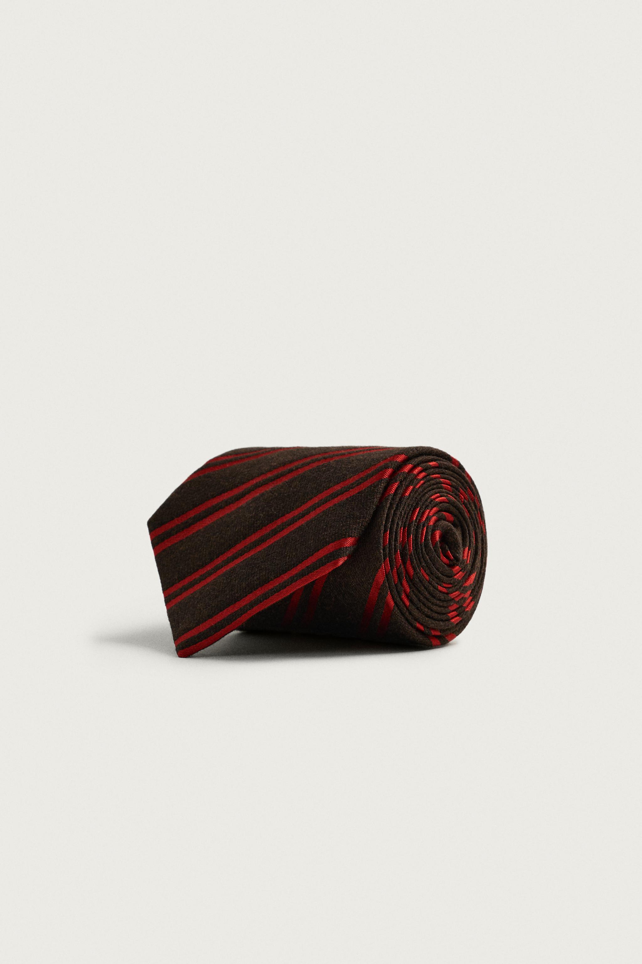 AARON LEVINE X ZARA WOOL-SILK STRIPED TIE — Brown