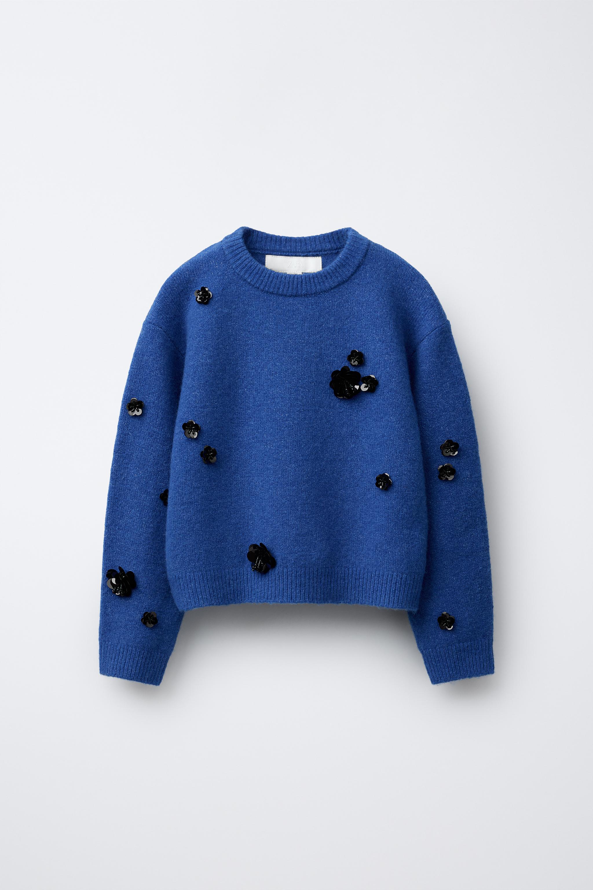   ニット スパンコールフラワーニットセーター - 濃青 | ZARA Japan / 日本