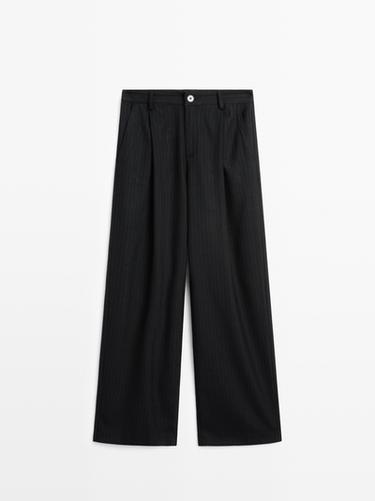 Zara Mid-rise wide-leg pinstripe trousers - Black