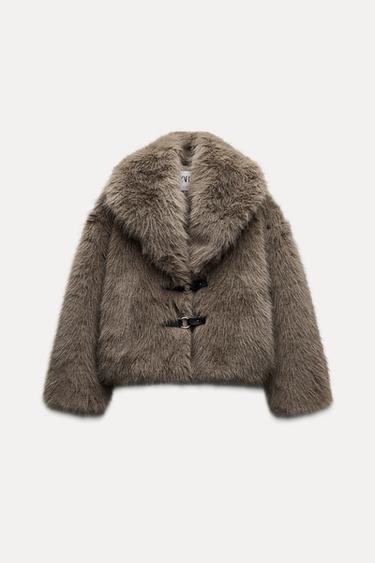 KRÁTKÝ KABÁT Z UMĚLÉ KOŽEŠINY - Hnědá / Tmavošedá od Zara