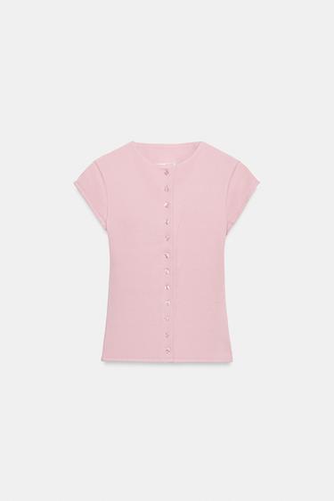RIBBED T-SHIRT WITH BUTTONS - Pale pink by Zara - Image 3