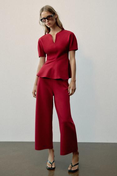 Zara PEPLUM TOP S BALON RUKAVIMA – Burgundac