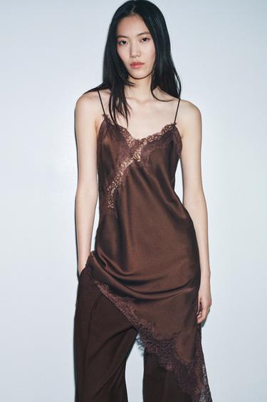 Zara ZW COLLECTION ASYMMETRIC LACE DRESS - Brown