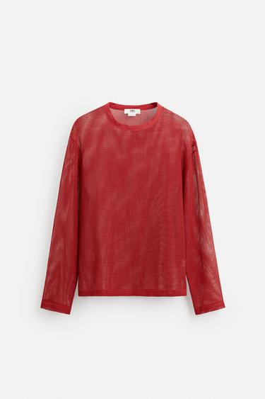 Zara OPEN KNIT T-SHIRT - Red