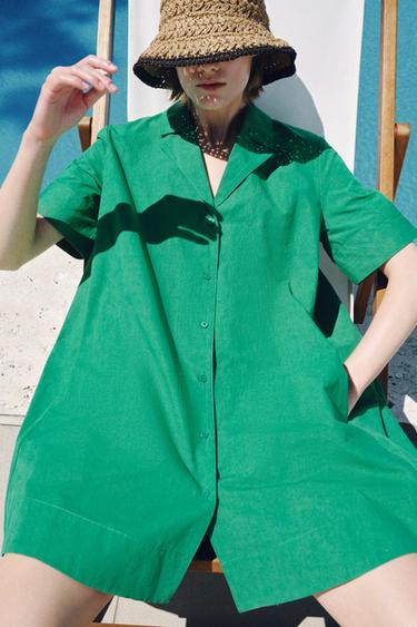 ПЛАТЬЕ-РУБАШКА С КОРОТКИМ РУКАВОМ ZW COLLECTION — ЗЕЛЕНЫЙ от Zara