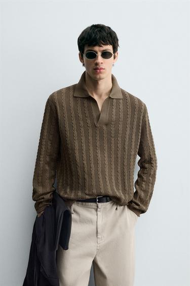 Zara CABLE KNIT POLO SHIRT - taupe brown