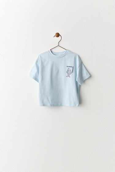 Zara 印花魚圖案 T 恤 - 淡藍色