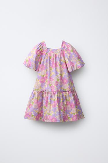 OBLEKA IZ POPLINA Z BALONASTIMI ROKAVI S CVETLIČNIM POTISKOM - Večbarvno de Zara - Slika 0