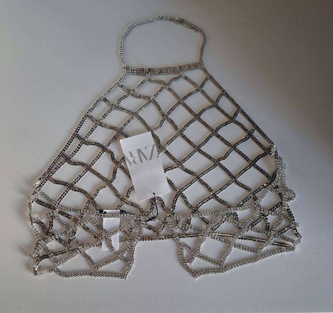 Crystal mesh top on a white background with a label that says "ZARA". Elegant and striking design.