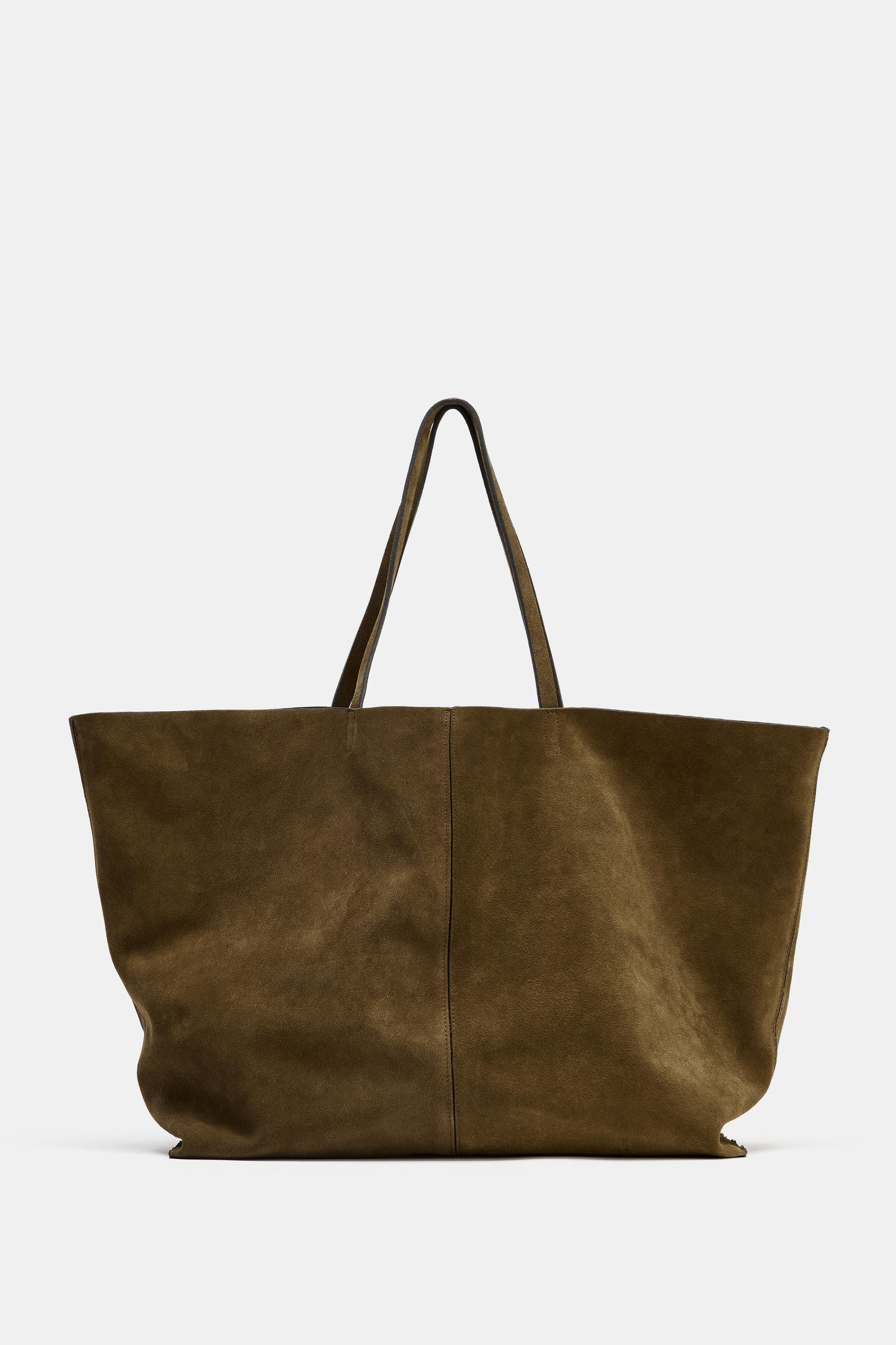 MAXI SPLIT LEATHER SHOPPER BAG - Khaki Green | ZARA United States
